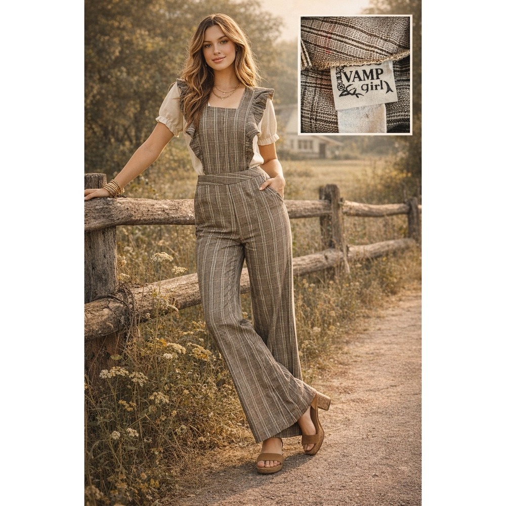 Vintage 1970s VAMP Girl Plaid Wide Leg Jumpsuit M? Boho Prairie Flutter Cottage
